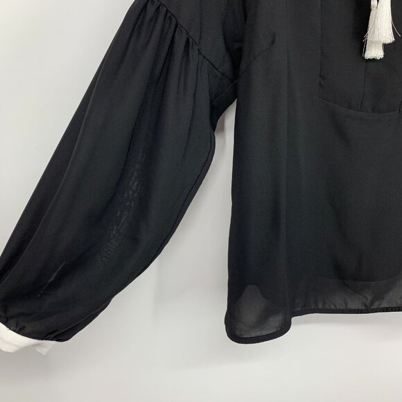 Studio Badgley Mischka Top Black Long Sleeve Sheer Tie Neck - Picture 5 of 9